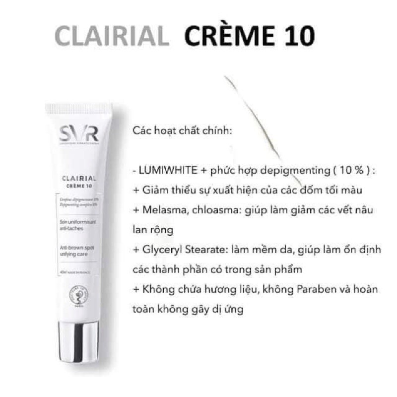 KEM LÀM MỜ NÁM DA DIỆN RỘNG VÀ ĐỀU MÀU DA SVR CLAIRIAL CREAM 10