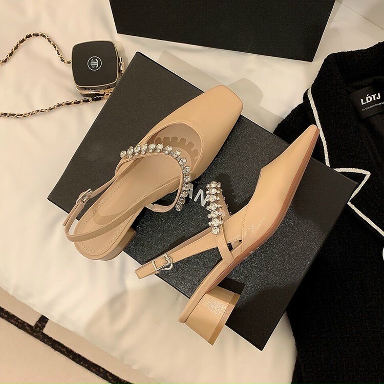 Sandal da bóng đen trắng nude quai ngang mảnh viền đá cực xinh - 2P