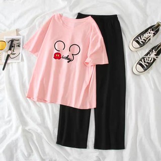 Sét Bộ Đồ Nữ Mặc Đi Chơi Dạo Phố , Mặc Ở Nhà Mùa Hè, Áo Phông Cotton In Tai Chuột Kèm Quần Thun Cát Phong Cách Hàn Quốc