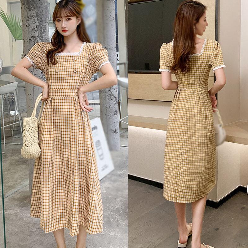 Đầm Caro Tay Ngắn Thời Trang Dành Cho Nữ