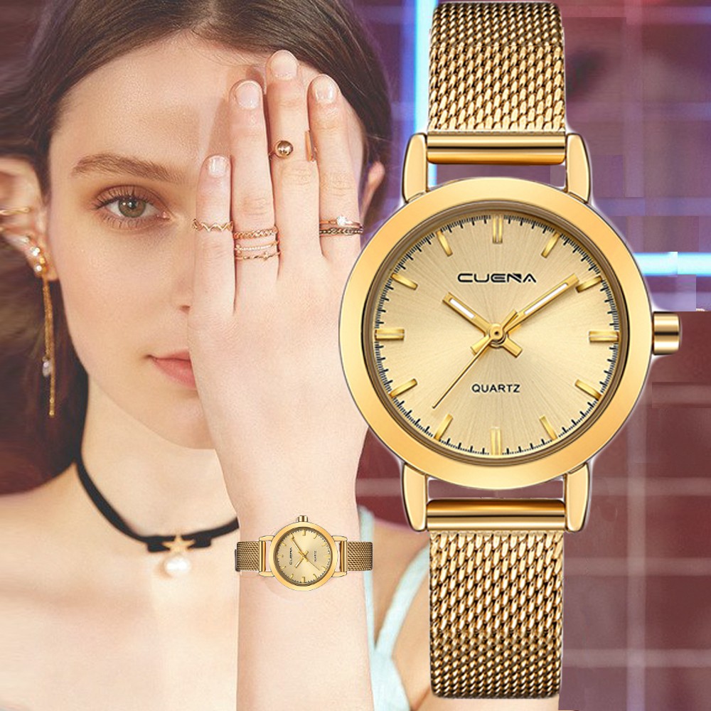 Đồng hồ nữ CUENA dây thép lụa sang trọng CE6627 tặng vòng tay nút thắt