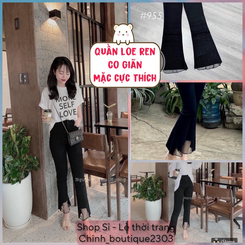 ☌♈♞Quần bò thô skindy loe phối ren đẹp, hàng chuẩn đẹp có ảnh thật shop chụp