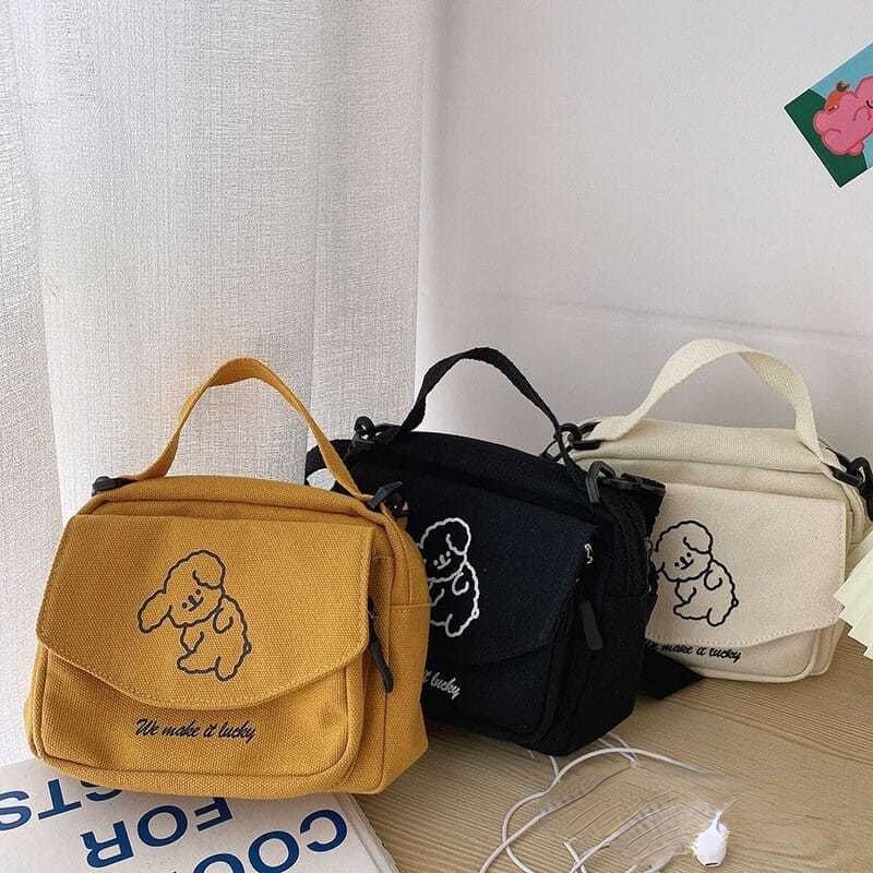 Túi đeo chéo bằng canvas thêu hình chú chó đáng yêu phong cách Harajuku Nhật Bản
