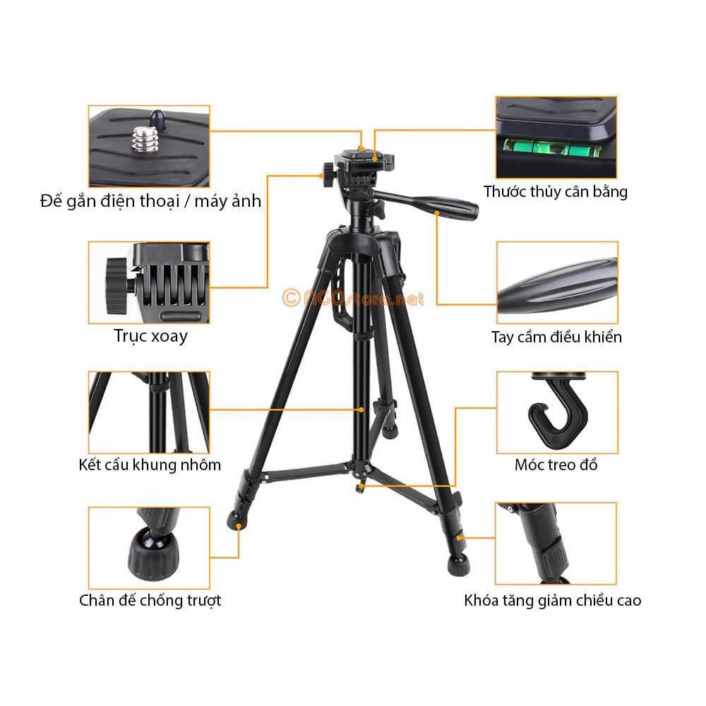 Chân Giá Đỡ Điện Thoại, máy ảnh, Gậy chụp hình tripod 3366 cao 1m5 có tay cầm, tặng kẹp và túi đeo, Dậy học online