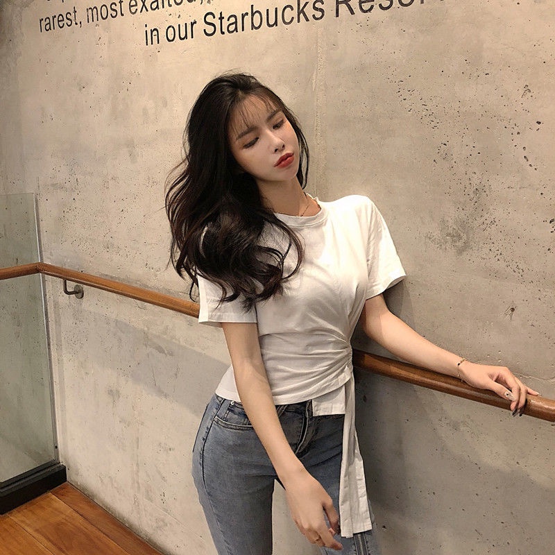 AMOI Áo Thun Tay Ngắn Màu Trắng Phong Cách Hàn Quốc Thời Trang Cho Nữ
