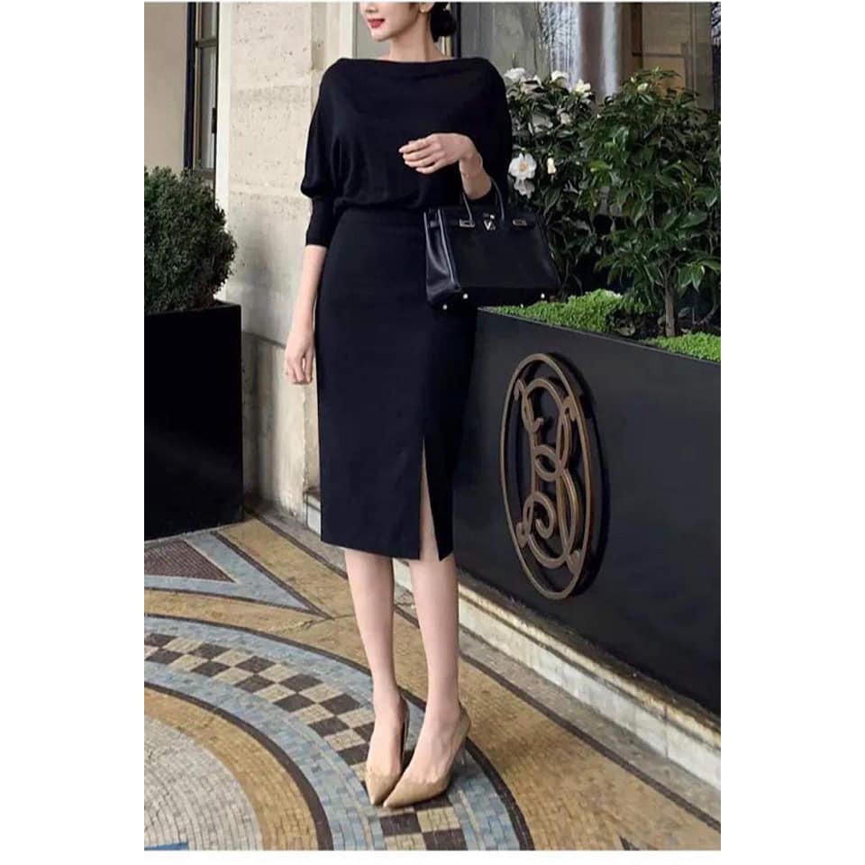 M50- Chân váy bút chì đen suông xẻ trước dài 60cm