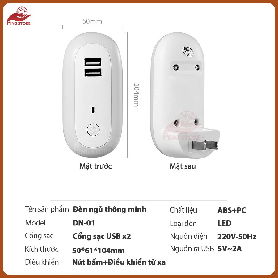 ✕▨❧Đèn ngủ thông minh cho bé - 10 cấp độ sáng điều khiển từ xa bằng remote hẹn giờ -có cổng sạc nhanh điện thoại 2021