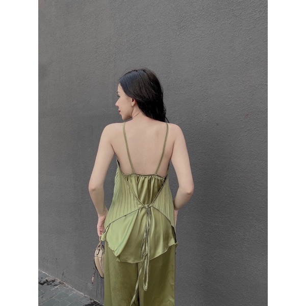 Set phi dập ly áo 2 dây hở lưng kèm quần dài suông rộng xanh/hồng cánh sen/kem, thời trang nữ sang trọng quý phái