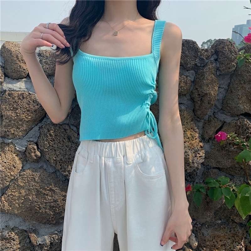 Áo Hai Dây Dệt Kim Dáng Ngắn / Dây Rút Thời Trang Trẻ Trung