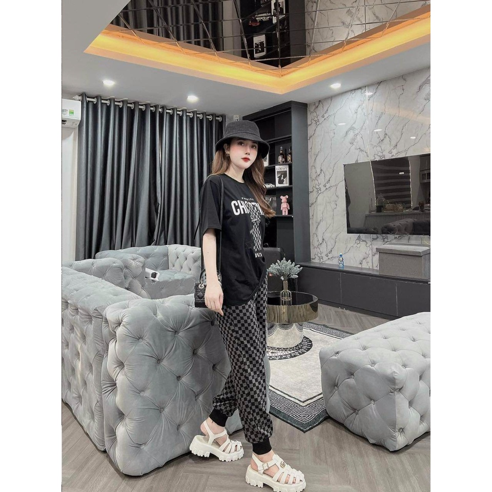 Đồ Bộ dài Form Rộng Áo Thun Cotton Logo Thêu Phối Quần Thun Lạnh In 3D Họa Tiết Có Bo Chân