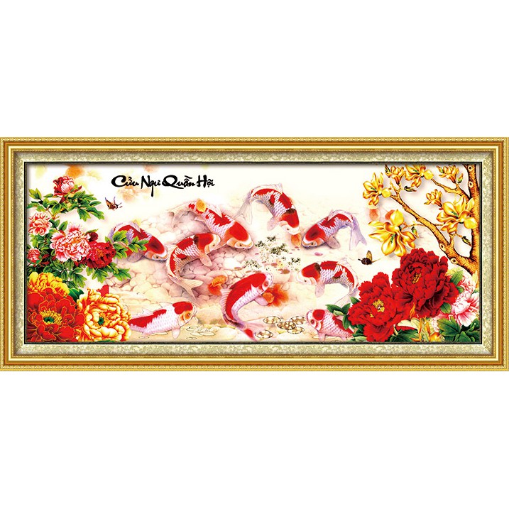 HÀNG LOẠI 1 - Tranh Đính Đá CÁ CỬU NGƯ QUẦN HỘI. Kích Thước: 1m15 x 50cm - 1m65 x 70cm