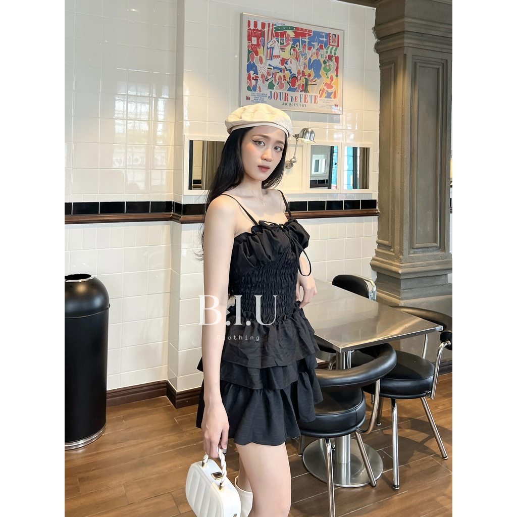 Đầm dây viền bèo ngực nhún eo dây cột nhiều kiểu form ngắn xếp tầng xòe BIU Clothing BB0029
