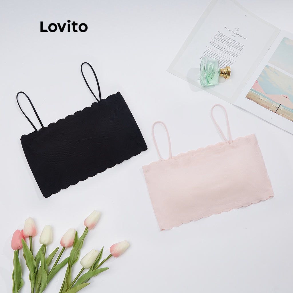 Áo ngực Lovito màu trơn hở vai phối cổ xếp nếp có miếng đệm ngực tháo ra được L18X182 (Màu hồng nhạt/ Đen)