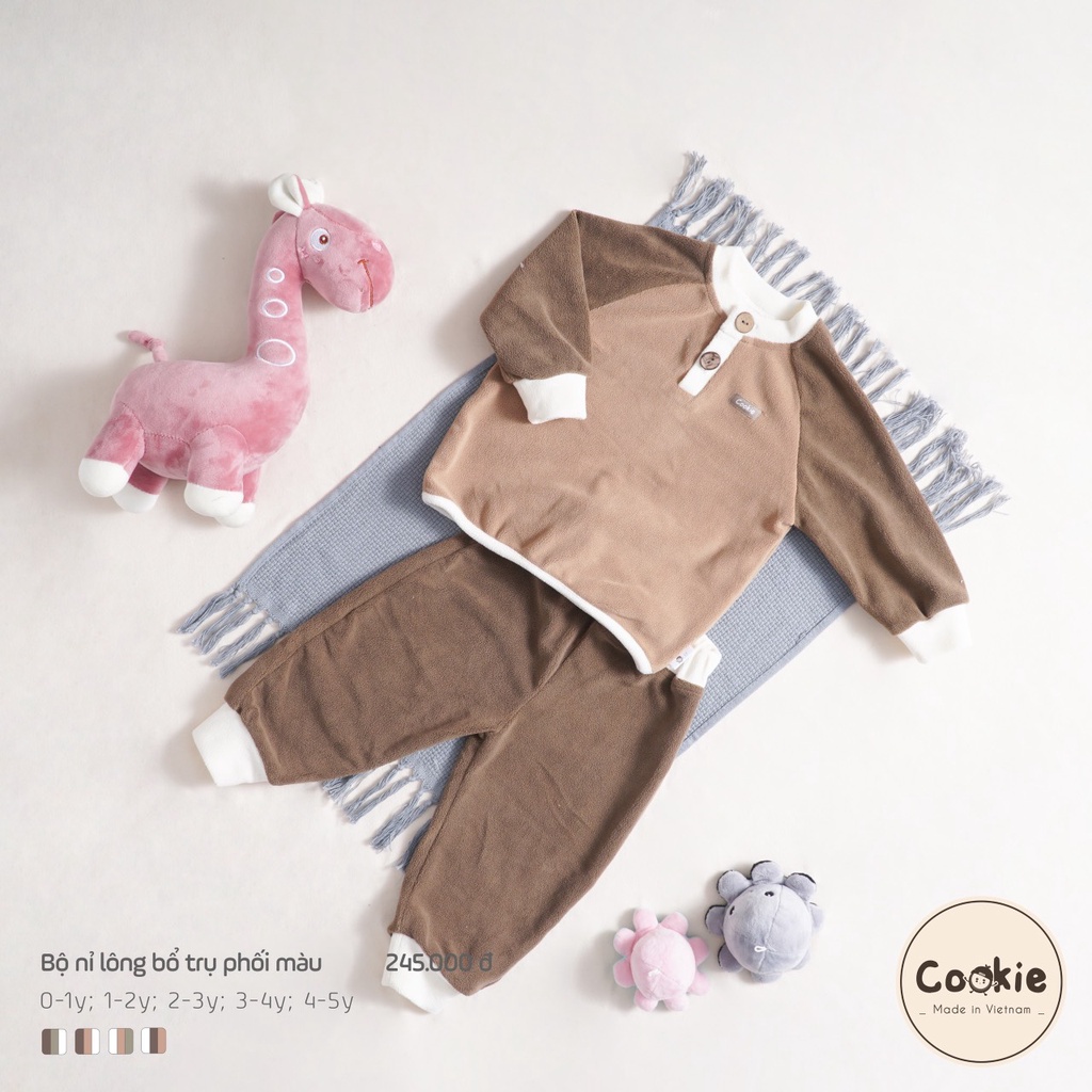 Bộ nỉ lông bổ trụ phối màu cookie dành cho bé trai bé gái thời trang thu đông ấm áp cao cấp