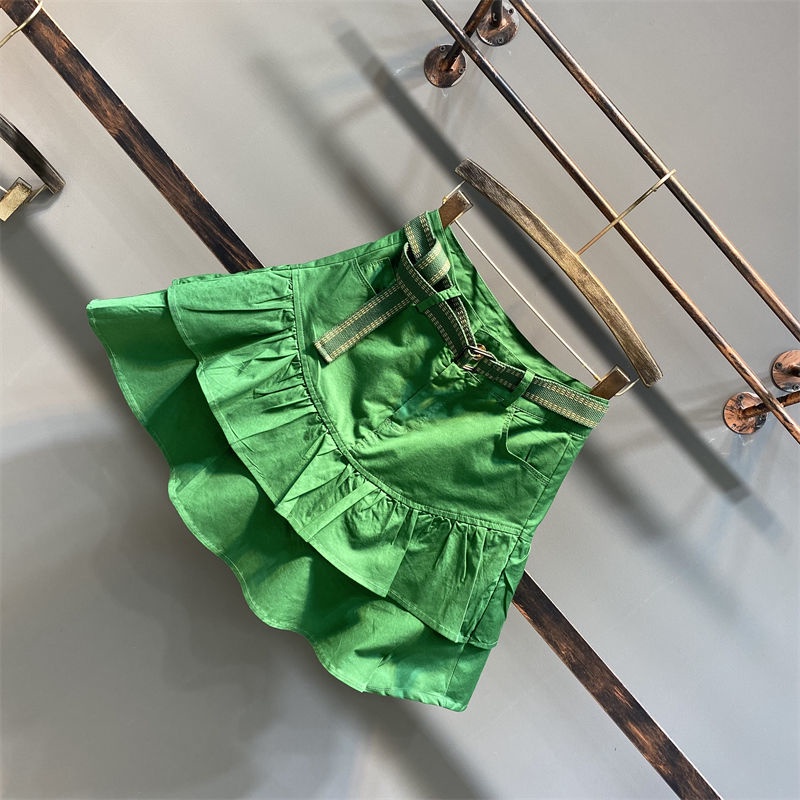 Jiashucheng Chân Váy Chữ a Lưng Cao Nhún Bèo Màu Xanh Lá Phong Cách Hàn Quốc Thời Trang Xuân Hè Dành Cho Bạn Nữ