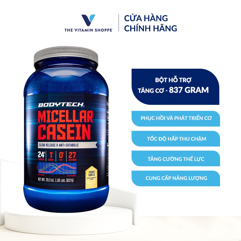 XẢ HÀNG DATE 30/11/2023 Bột hỗ trợ tăng cơ Micellar Casein BodyTech  - French Vanilla tập gym thể thao 837gr