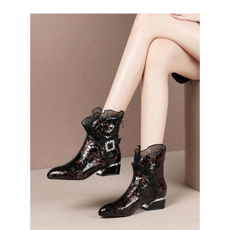 Giày Boots Cao Gót Da bò Hoạ Tiết Sọc Cá sấu Cao Cấp