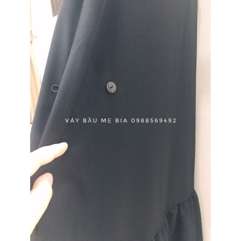 Váy bầu bigsize - Đầm bầu thiết kế GuMe màu ĐEN 2 HÀNG CÚC ĐUÔI CỔ VIỀN TRẮNG chất vải sạn lụa size từ 40-100kg MB239