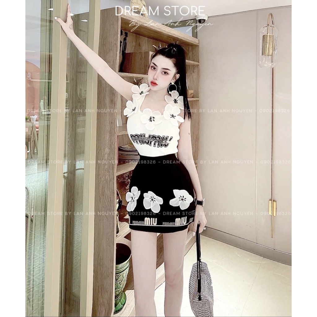 Set Miumiu áo sát nách trắng mix chân váy hoa lên dáng cực xinh