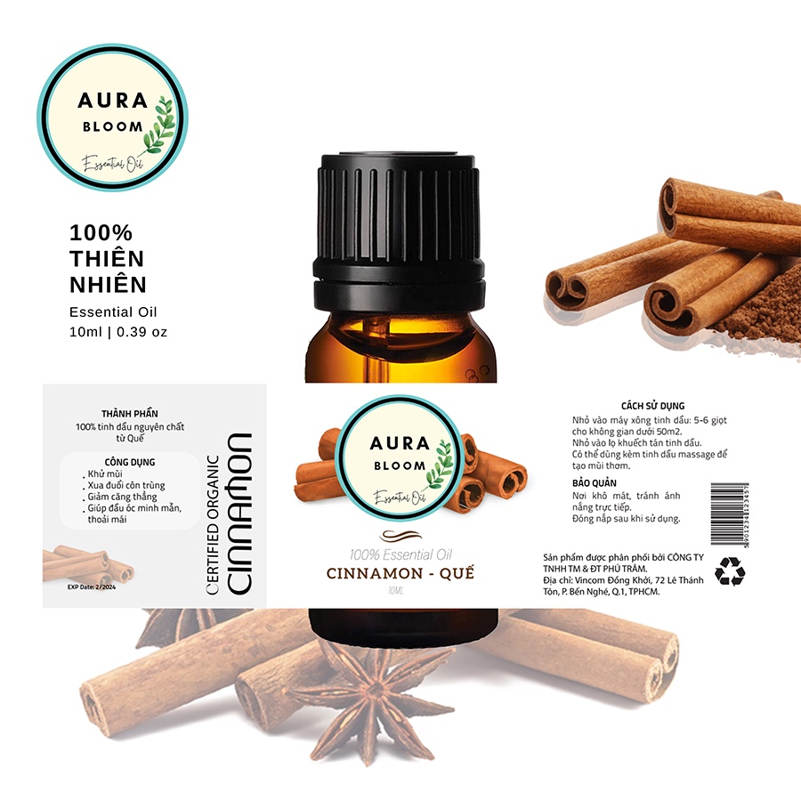 Tinh Dầu Quế Thiên Nhiên Nguyên Chất Aura Bloom 10ml- 50ml | Có Kiểm Định | Nhập Khẩu