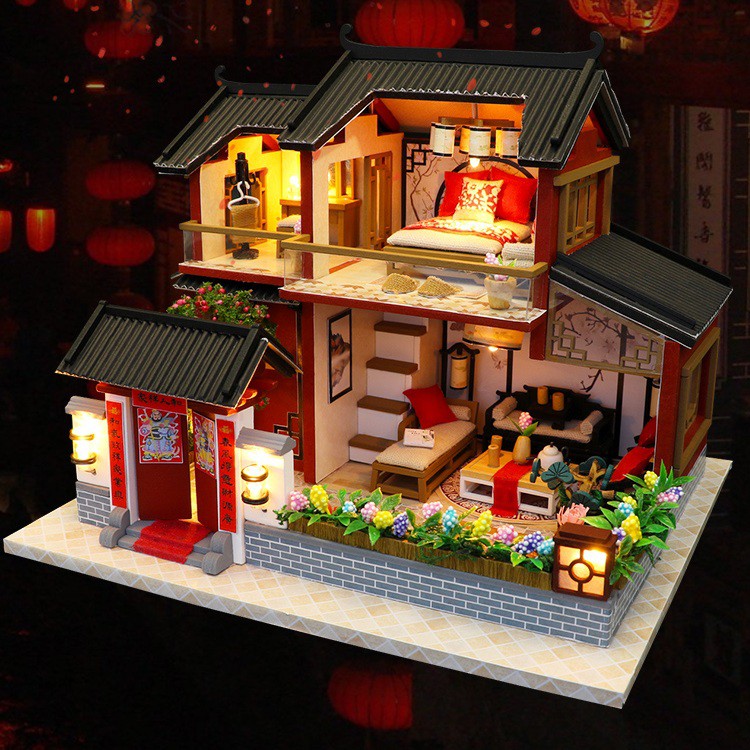 Mô hình nhà DIY Doll House Auspicious Sign Loft Kèm Mica Chống bụi, Bộ dụng cụ và Keo dán