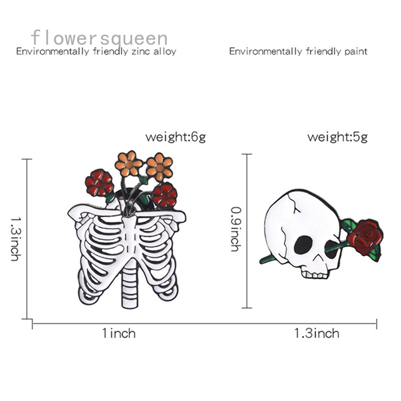flowersqueen Ghim cài áo họa tiết đầu lâu và hoa hồng thời trang bắt mắt