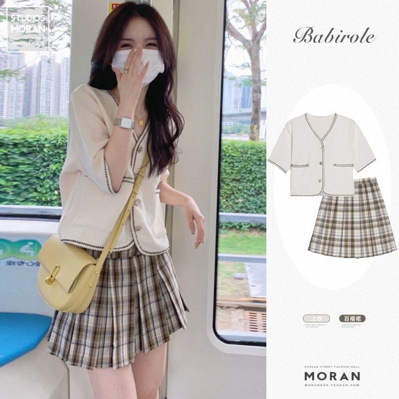 (ORDER) Set MORAN áo blazer cộc tay cổ V phối viền sang chảnh+Chân váy xòe ngắn xếp ly style Hàn Quốc (HÀNG ORDER)