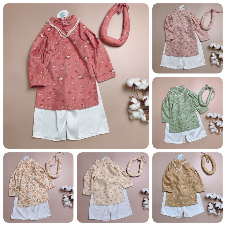 Áo dài June with love kèm mấn bằng nhung hoa nhí nhiều màu 1-6 tuổi