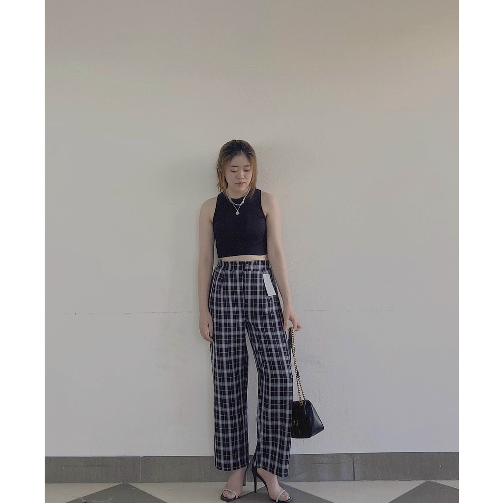 Quần Ulzzang ống rộng suông cúc trước lưng thun - Quần CULOTTES XUÔNG - Kẻ cá tính Ảnh thật | BigBuy360 - bigbuy360.vn