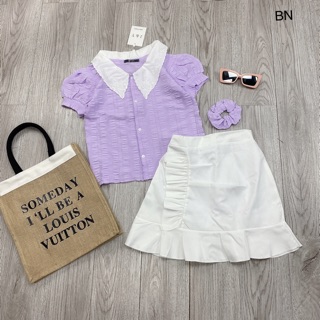 set 3 món áo tím cổ ren + cv và buộc tóc