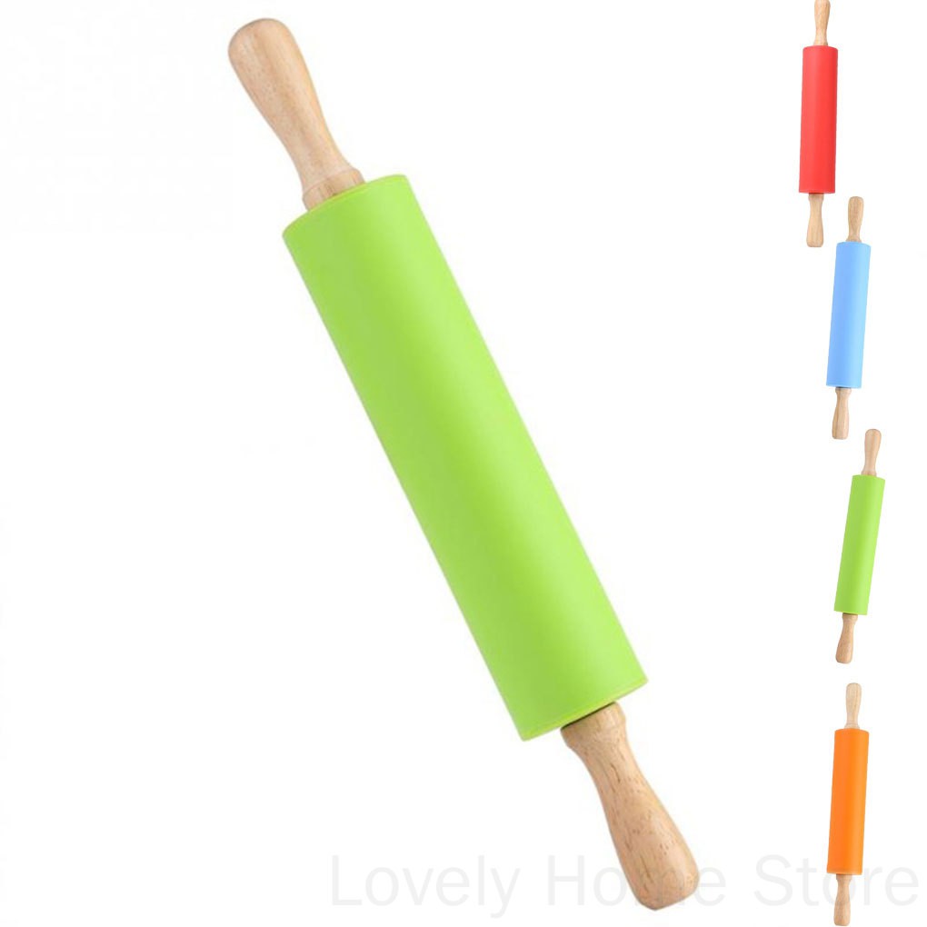 Cây lăn bột làm bánh silicone tay cầm bằng gỗ tiện lợi dành cho nhà bếp
