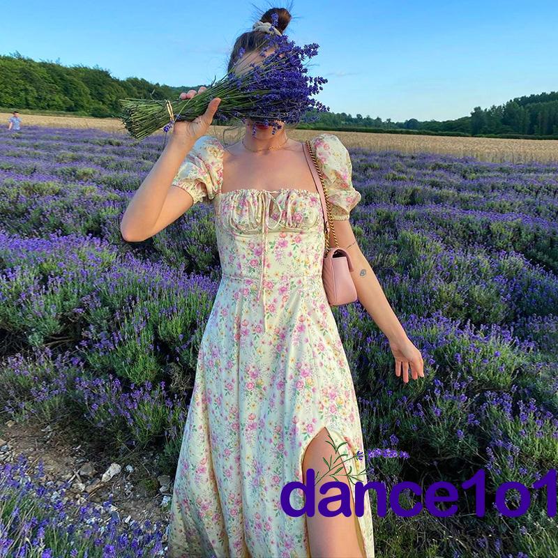 Đầm Dài Xẻ Tà Tay Ngắn Phồng In Họa Tiết Hoa Thời Trang Cho Nữ