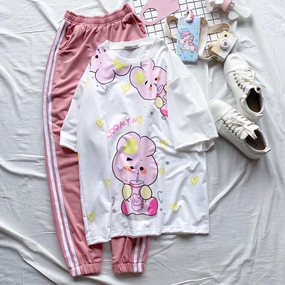 Đồ bộ hoạt hình quần Jogger trơn 2 sọc COOKY KOYA Freesize dành cho nam nữ Molly Fashion