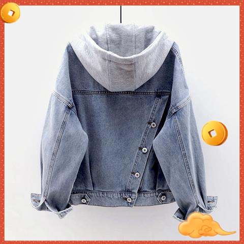 Áo khoác denim dáng rộng ngắn có túi phong cách Hàn Quốc thời trang xuân thu cho nữ