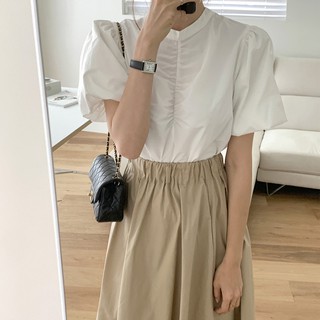 (ORDER) Áo sơ mi trắng cộc tay bồng búp bê nhấn viền nhăn nhún  vintage nhẹ nhàng thanh lịch Hàn Quốc - Có ảnh thật