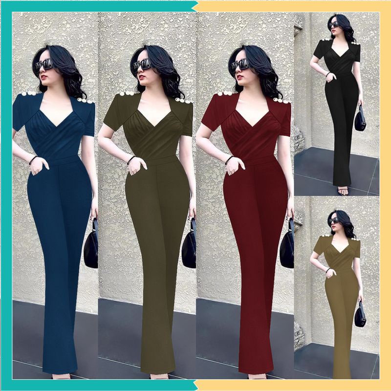 Jumpsuit nữ 💝FREESHIP💝  Jum dài ống loe xếp ly ngực vai phối nút xinh xắn J1171