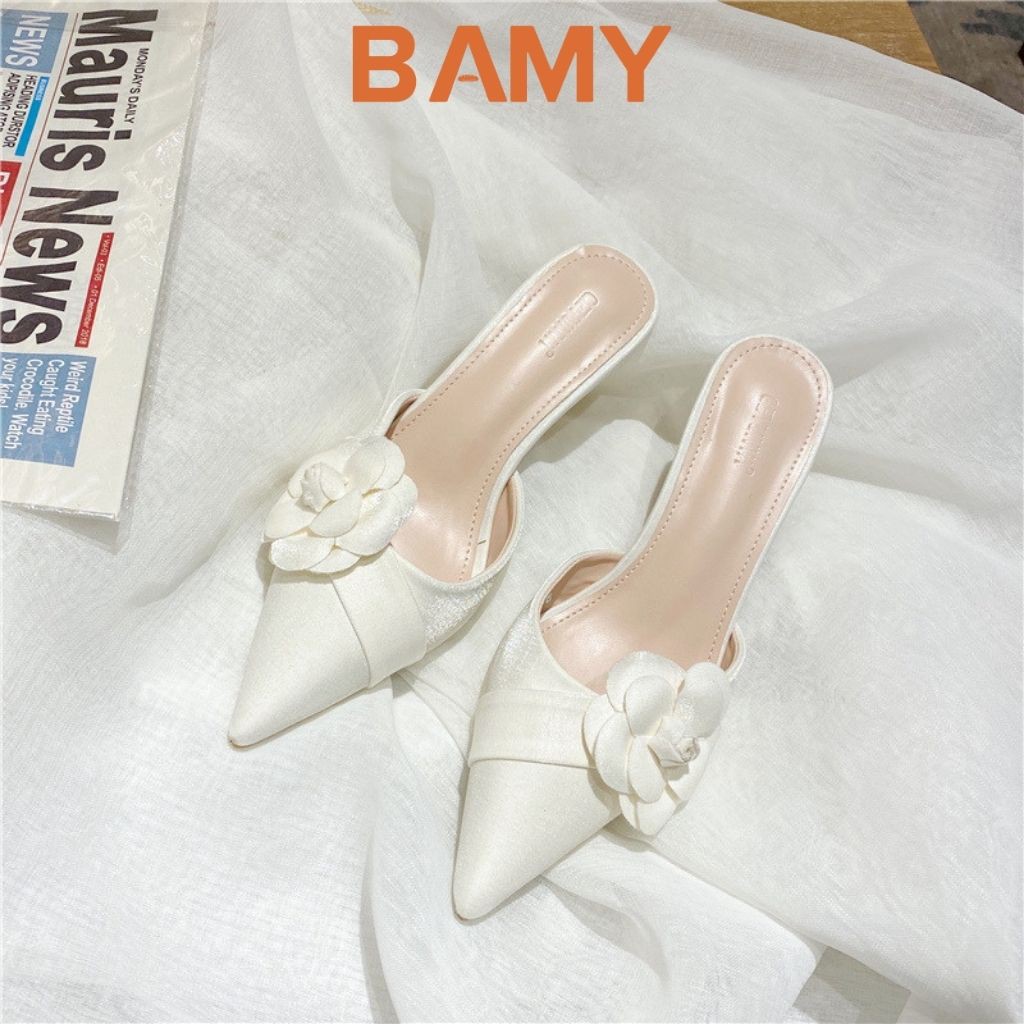 Sục Cao Gót BAMY 5 Phân Mũi Nhọn Nữ Đính nơ ngọc Sang Chảnh