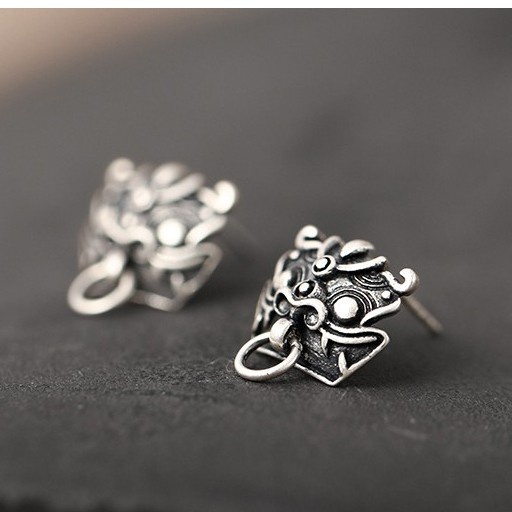 Bông tai, Khuyên tai nữ bạc thiết kế mặt tỳ hưu độc đáo, cá tính, unisex KN29 | TRANG SỨC BẠC HARMONY