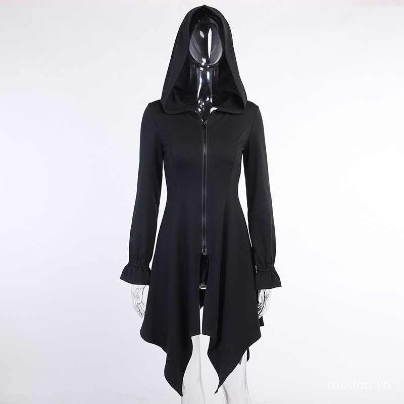 Áo hoodie thiết kế dáng đầm có khóa kéo màu đen trơn thời trang dành cho nữ