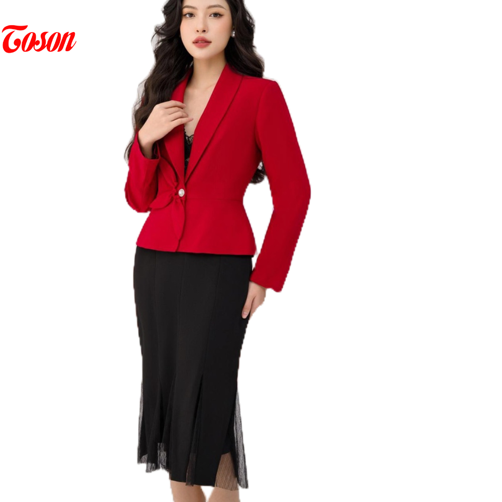 Vest đỏ tuypsi, cổ ve bầu, cúc cài đính nơ lá thủ công Toson 84979D82