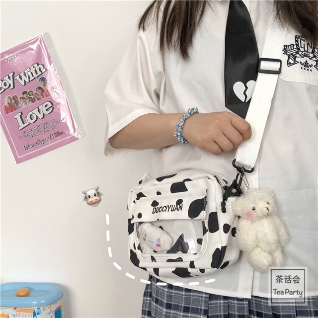 Túi bò sữa phối trong suốt ngang dọc siêu xinh(có sẵn không kèm phụ kiện, móc khoá)