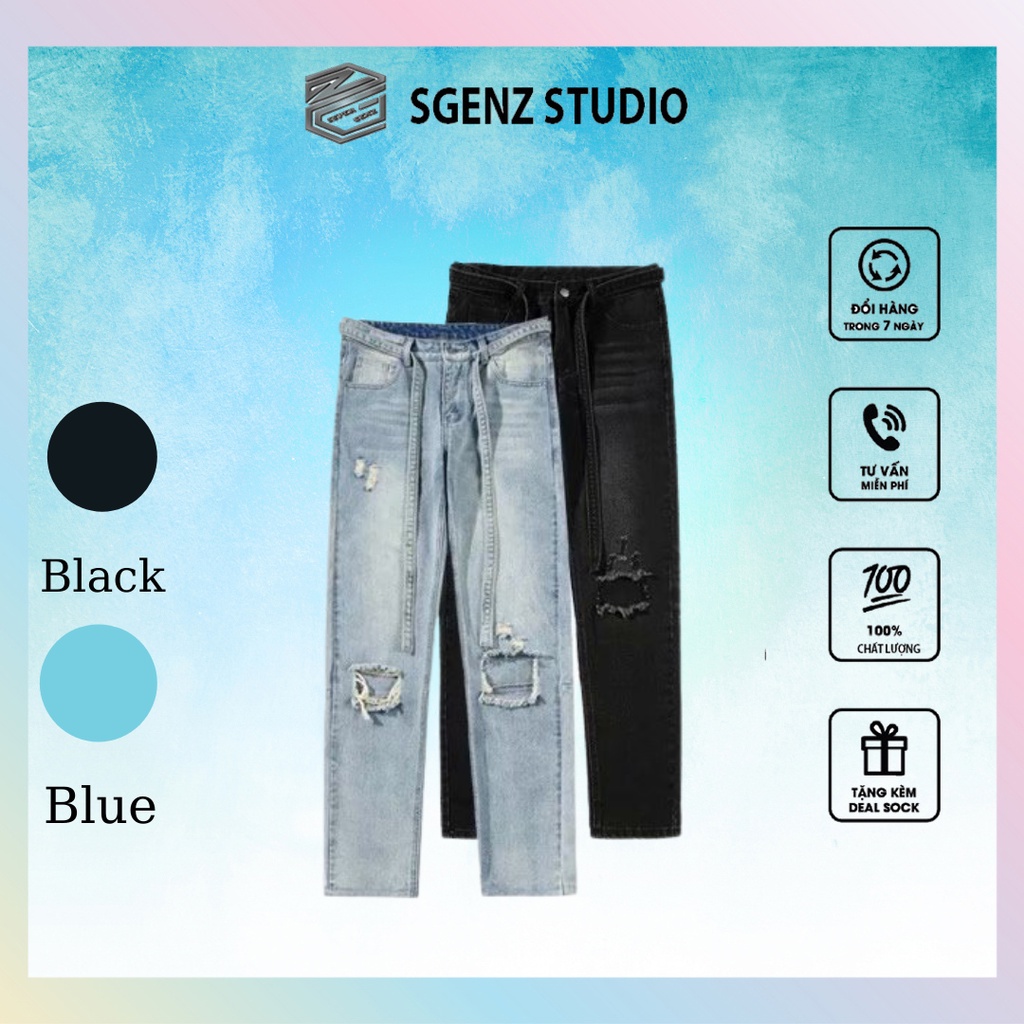 Free Ship Quần Jean Baggy nam rách gối, quần jean nam dây đai  phong cách street style cá tính dành cho GenZ