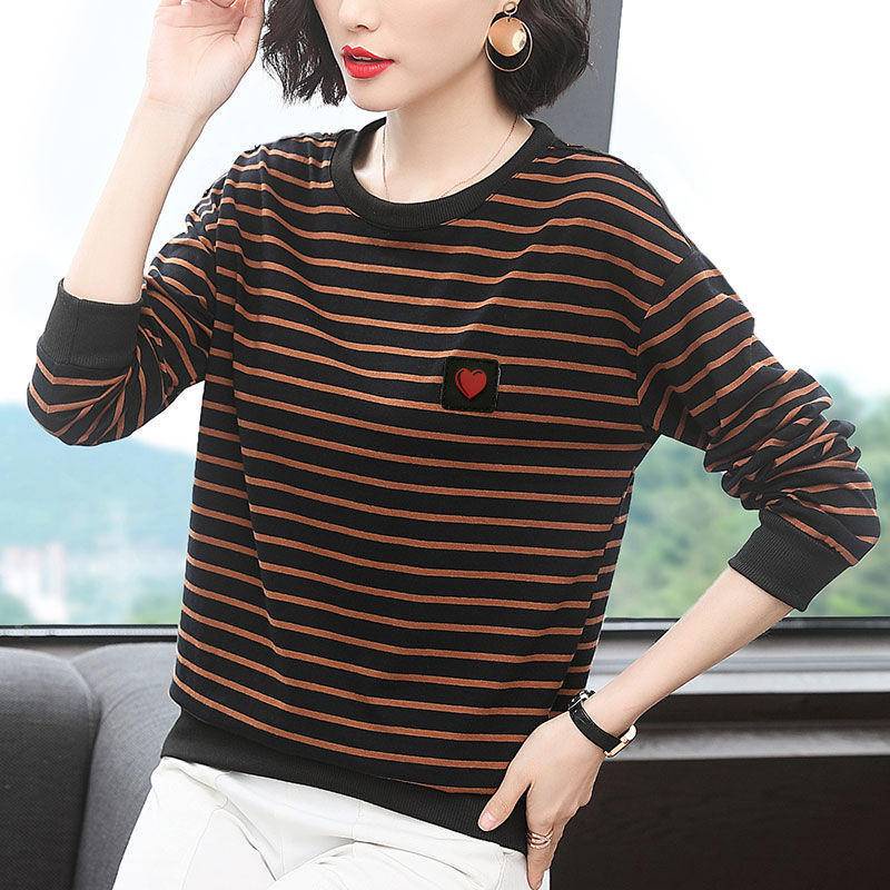 Áo thun tay dài cổ tròn dáng rộng họa tiết kẻ sọc thời trang cho phụ nữ trung niên