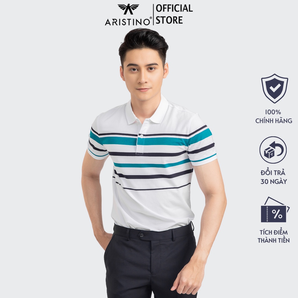 Áo thun ngắn tay có cổ cho nam ARISTINO hoạ tiết kẻ ngang phối màu, mềm nhẹ thấm hút tốt - APS001S1