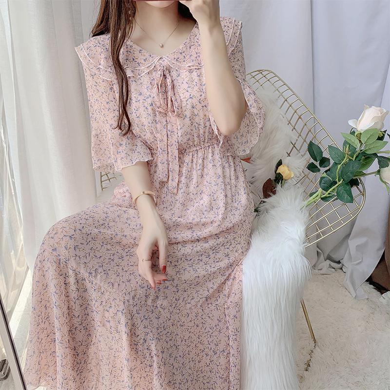 Đầm chiffon cổ búp bê ôm eo in họa tiết hoa phong cách Hàn Quốc thời trang cho nữ