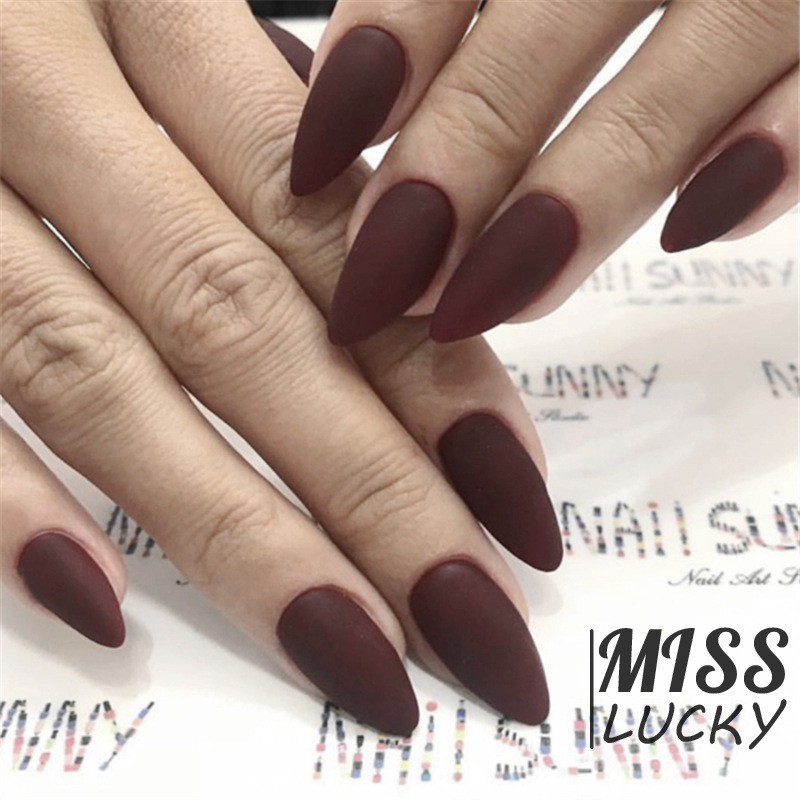 ❤HHN-VN High Quality Full Cover Solid Color Finger Fake Nails Fashion Matte Dark Brown Pointed Head