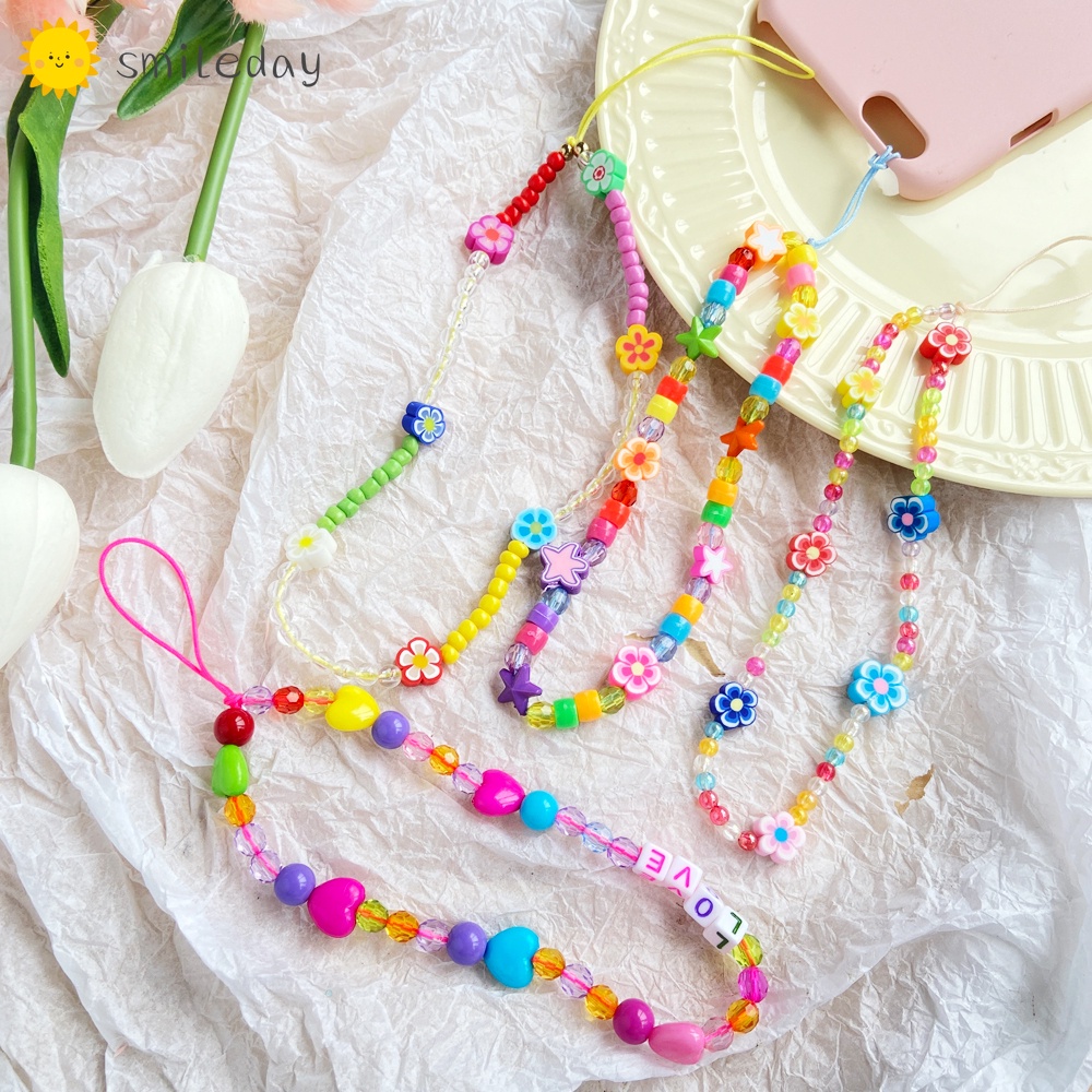 Dây gắn trang trí điện thoại Smileday đính hạt pha lê hình hoa phong cách Hàn Quốc dễ thương
