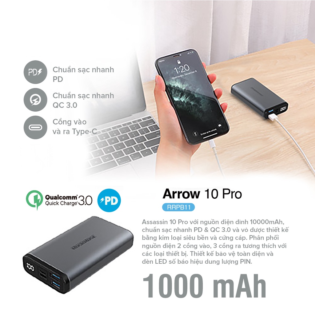 Sạc Dự Phòng 10000mAh ROCKROSE Assassin 10 Pro QC 3.0 - Cổng USB A/ Type C Sạc Nhanh Cho Iphone/ Android