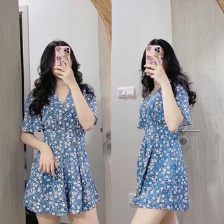 [Mặc Là Xinh] Jum Hoa Xanh Cổ V Siêu Xinh Có Ảnh Thật Kèm Video