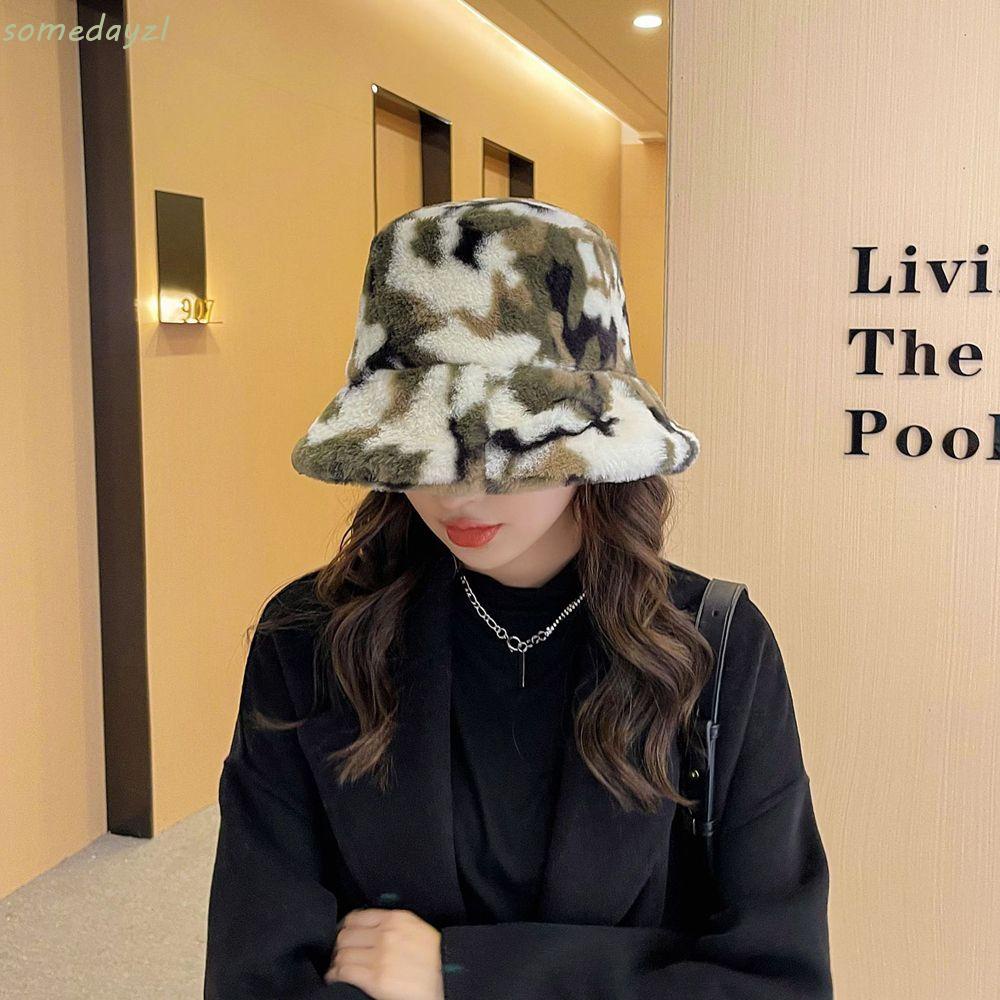 Mũ bucket lông giả mềm mại giữ ấm in chữ họa tiết rằn ri phong cách Hàn Quốc cho nữ